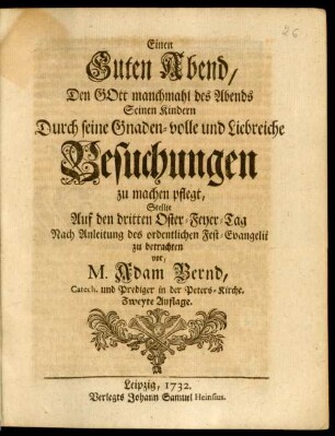 Einen Guten Abend, Den Gott manchmal des abends Seinen Kindern Durch seine Gnaden-volle und Liebreiche Besuchungen zu machen pflegt