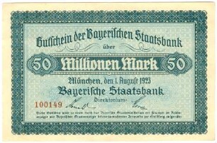 Geldschein / Notgeld, 50 Millionen Mark, 1.8.1923