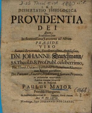 Dissertatio Theologica De Providentia Dei
