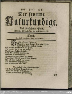 Der fromme Naturkundige. Das fünfzehende Stück. Dantzig, Sonnabends, den 4. Octobr. 1738