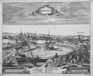 Dresden von Osten : Dresden, Elbe mit Booten, Stich