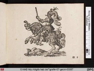 Ein Ritter mit federgeschmücktem Helm auf einem steigenden Pferd.
