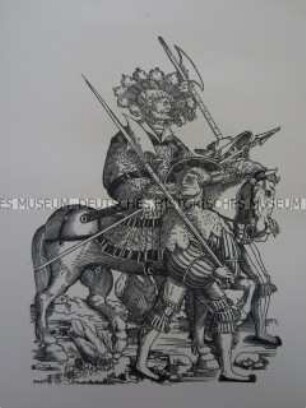 Kriegerdarstellung, Hauptmann zu Pferde und Landsknechte mit Hellebarden, 1510/1530.