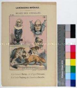 Karikatur auf vier Persönlichkeiten aus der Regierungszeit von Napoleon III. Kaiser von Frankreich aus der Serie "La Ménagerie Impériale"