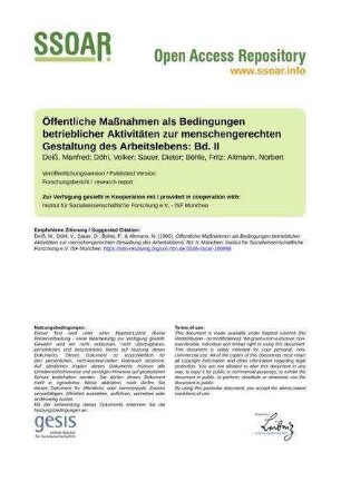 Öffentliche Maßnahmen als Bedingungen betrieblicher Aktivitäten zur menschengerechten Gestaltung des Arbeitslebens: Bd. II