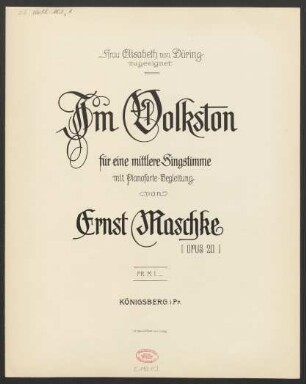 Im Volkston : für eine mittele Singstimme mit Pianoforte-Begleitung ; opus 20
