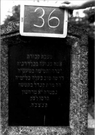 Grabstein 36 (Index: 100110461) Material: Granit mit schwarzen Marmorplatten Zustand: gut Maße HxBxT: 136x56x27 cm Beschreibung: Stele, Sockel, Segmentbogenabschluß, Schriftplatte der Stele mit Segmentbogen, Schriftplatte im Sockel rechteckig: Grabstein 36 (Detailaufnahme)