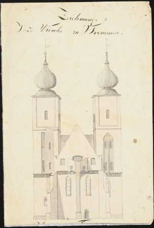 Kirche, Tremmen: Perspektivische Ansicht der Turmfront mit Zwiebeltürmen und Außenkanzel