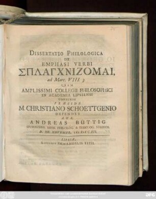 Dissertatio Philologica De Emphasi Verbi Splagchnizomai, ad Marc. VIII. 3.