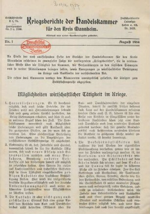 1.1914: Kriegsberichte der Handelskammer für den Kreis Mannheim