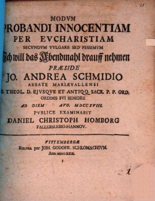 Modvm Probandi Innocentiam Per Evcharistiam Secvndvm Vvlgare Sed Pessimvm Ich will das Abendmahl drauff nehmen
