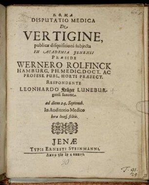 Disputatio Medica De Vertigine