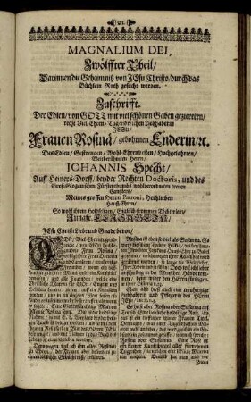 Zuschrift. Der Edlen [...] Frauen Rosinae/ gebohrnen Enderin/ [et]c. Des [...] Herrn Johannis Specht [...] Hauß-Ehren [...]