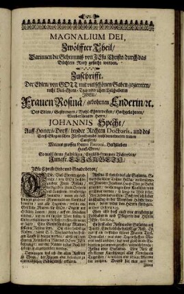Zuschrift. Der Edlen [...] Frauen Rosinae/ gebohrnen Enderin/ [et]c. Des [...] Herrn Johannis Specht [...] Hauß-Ehren [...]