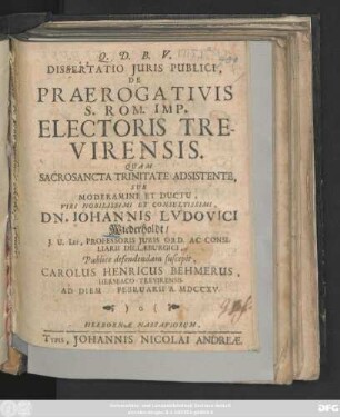 Dissertatio Juris Publici, De Praerogativis S. Rom. Imp. Electoris Trevirensis