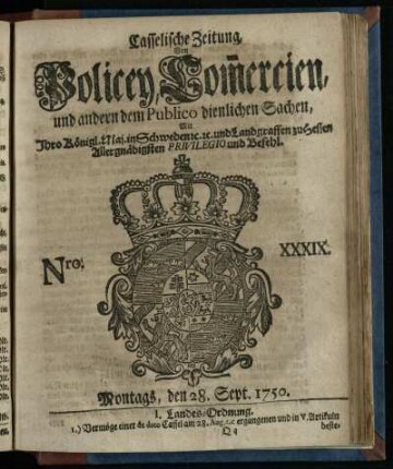 Nro. XXXIX, Montags, den 289. Sept. 1750