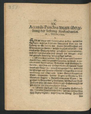 XX. Accords-Puncten wegen übergebung der Festung Kockenhausen. de 7. Octobr. 1700.