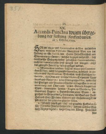XX. Accords-Puncten wegen übergebung der Festung Kockenhausen. de 7. Octobr. 1700.