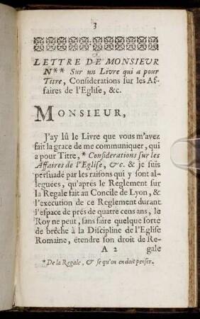 Lettre De Monsieur N** Sur un Livre qui a pour Titre, Considerations sur les Affaires de l'Eglise, & c.