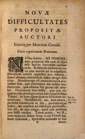 Novae Difficultates à Peripatetico propositae autori Itineris per mundum Cartesii