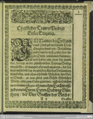 Leichenpredigt : Christliche TrawerPredigt. Erster Eingang. Textus. Eingang zur Predigt. Erklärung. Usus