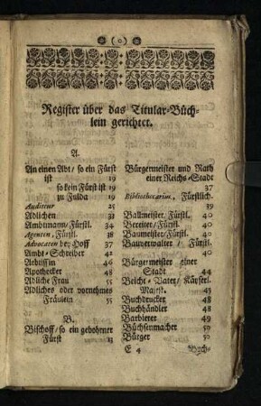 Register ueber das Titular- Buechlein gerichtet