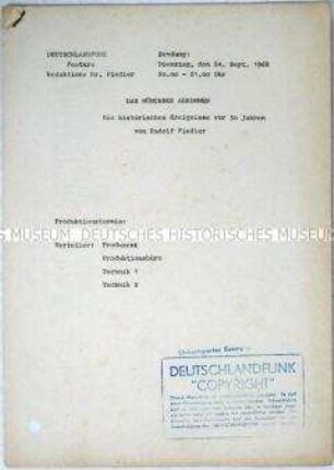 Hektografiertes Manuskript eines Features des Deutschlandfunks über das Münchner Abkommen