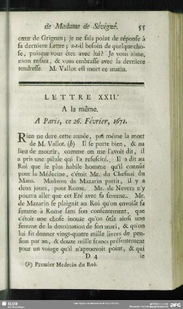 Lettre XXII. A la même. A Paris, ce 26. Février, 1671