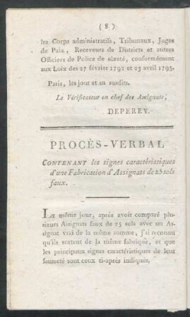 Procès-Verbal, Contenant les signes caractéristiques d'une Fabrication d'Assignats de 25 sols faux