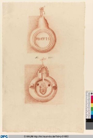 Öllampe, Unterseite mit Inschrift FORTIS; Oberseite Maske, hss. No. 155