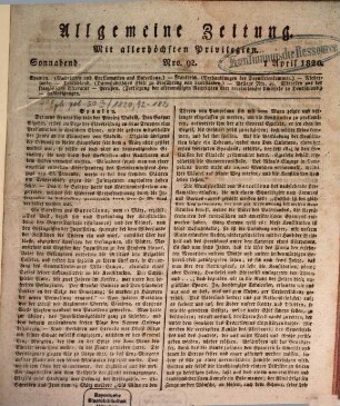 Allgemeine Zeitung. 1820, Nro. 92 - 182 = 4 - 6. Nebst: Beilage ... ; Nro. 92 - 182 = 6 - 12