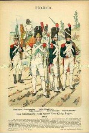 Uniformdarstellung, Jäger, Grenadier und Karabinier der Garde, Offizier, Grenadier und Karabinier des Veliten-Bataillons, Italien, 1812.