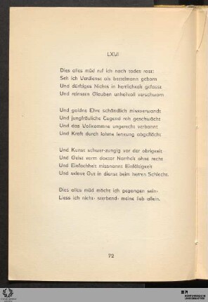 LXVI: Dies alles müd ruf ich nach todes rast:
