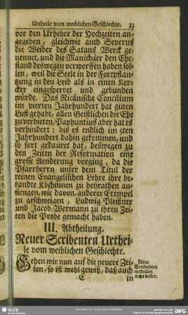 III. Abtheilung. Neuer Scribenten Urtheile vom weiblichen Geschlechte