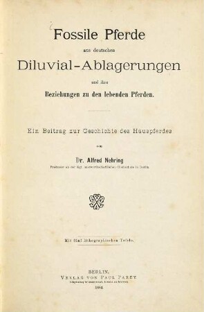 Fossile Pferde aus deutschen Diluvial-Ablagerungen und ihre Beziehungen zu den lebenden Pferden : Ein Beitrag zur Geschichte des Hauspferdes von Alfred Nehring. Mit 5 lithographischen Tafeln (Sonderabdruck aus den Landwirthschaftlichen Jahrbüchern 1884)