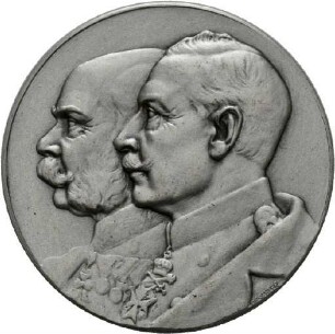 Medaille auf den Ersten Weltkrieg mit Brustbildern der Kaiser Wilhelm II. und Franz Joseph I. sowie dem Wahlspruch „Gott mit uns“, 1914