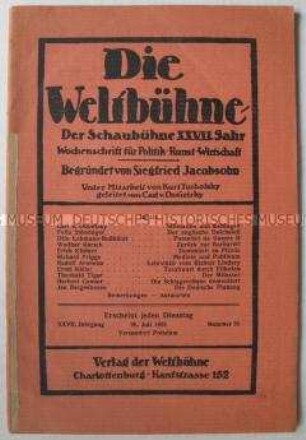 Kulturpolitische Wochenzeitschrift "Die Weltbühne" u.a. zum Volksentscheid über die Auflösung des Preußischen Landtags