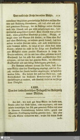 LXIII. Von der landesherrlichen Befugniß bei Anlegung neuer Mühlen