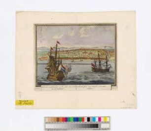 Ansicht von der Stadt Bantam auf Java, heute Banten, danach auch die Bezeichnung der gleichnamigen Provinz, Kupferstich, 1702 : Bantam, een stadt gelegen op het eilant Java, beroemt door den Koophandel : Bildliche Darstellung; C.P.=Bantam Felicis Javae metropolis, a mercatura nobilissima / Pet. Schenk. - Amst. , [1702]. - 1 Kt. : Kupferst. ; 25 x 19 cm