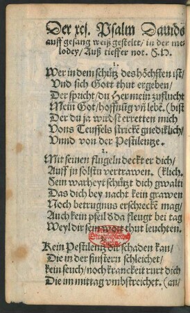 Der xcj. Psalm Dauids || auff gesang weiß gesteltt/ in der me=||lodey/ Auß tieffer not. S. H. ||
