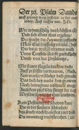 Der xcj. Psalm Dauids || auff gesang weiß gesteltt/ in der me=||lodey/ Auß tieffer not. S. H. ||