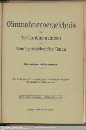 Einwohnerverzeichnis der 25 Landgemeinden des Amtsgerichtsbezirks Zittau