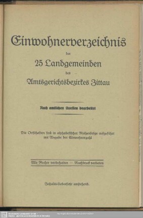 Einwohnerverzeichnis der 25 Landgemeinden des Amtsgerichtsbezirks Zittau