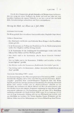 Sitzung der Math.-nat. Klasse am 1. Juli 2006
