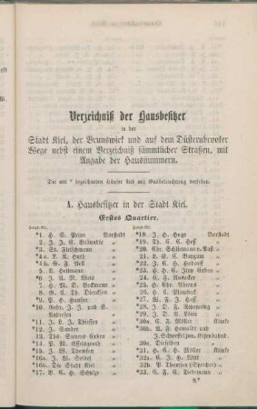 Verzeichniß der Hausbesitzer in der Stadt KIel, der Brunswieck und auf dem Düsternbrooker Wege nebst einem Verzeichniß sämmtlicher Straßen, mit Angabe der Hausnummern.