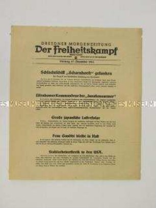 Nachrichtenblatt der sächsischen NSDAP-Zeitung "Der Freiheitskampf" mit Kurzmeldungen von verschiedenen Kriegsschauplätzen u.a. über den britischen Luftangriff auf einen deutschen Geleit
