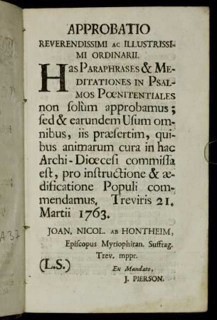 Approbatio Reverendissimi ac Illustrissimi Ordinarii.