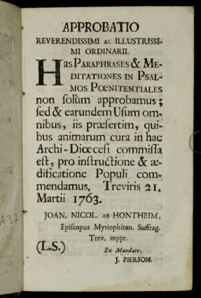 Approbatio Reverendissimi ac Illustrissimi Ordinarii.