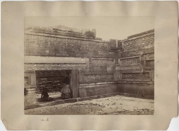 Inner courtyard of the columned palace with two female members of the expedition.