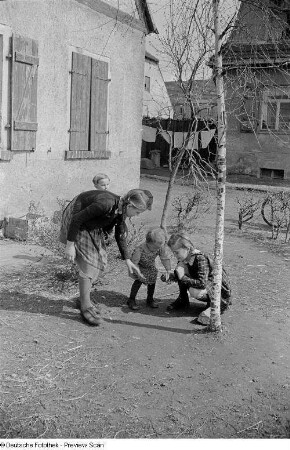 Kinder beim Spielen mit einem Huhn